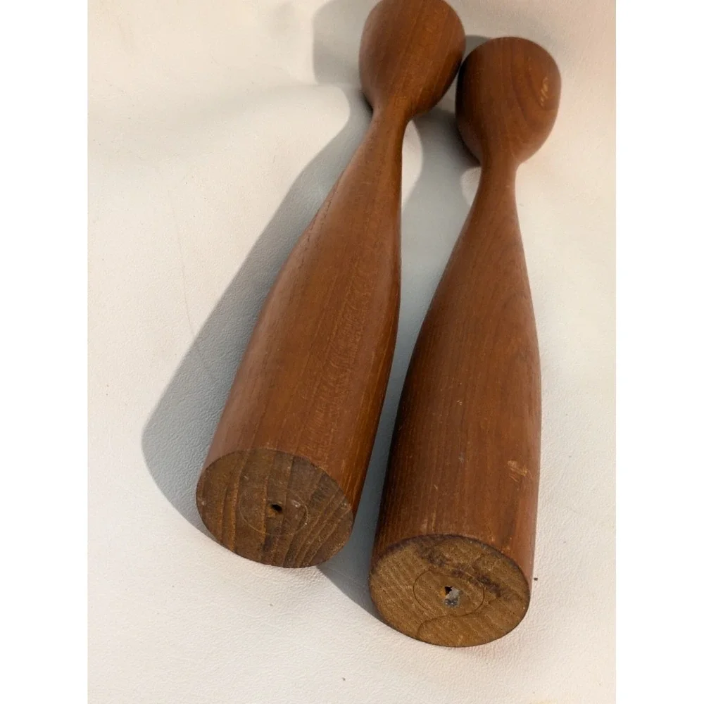Vintage MCM 2 Teak Wood Tulip Candlestick Candle Holders Denmark 11.5 Inches